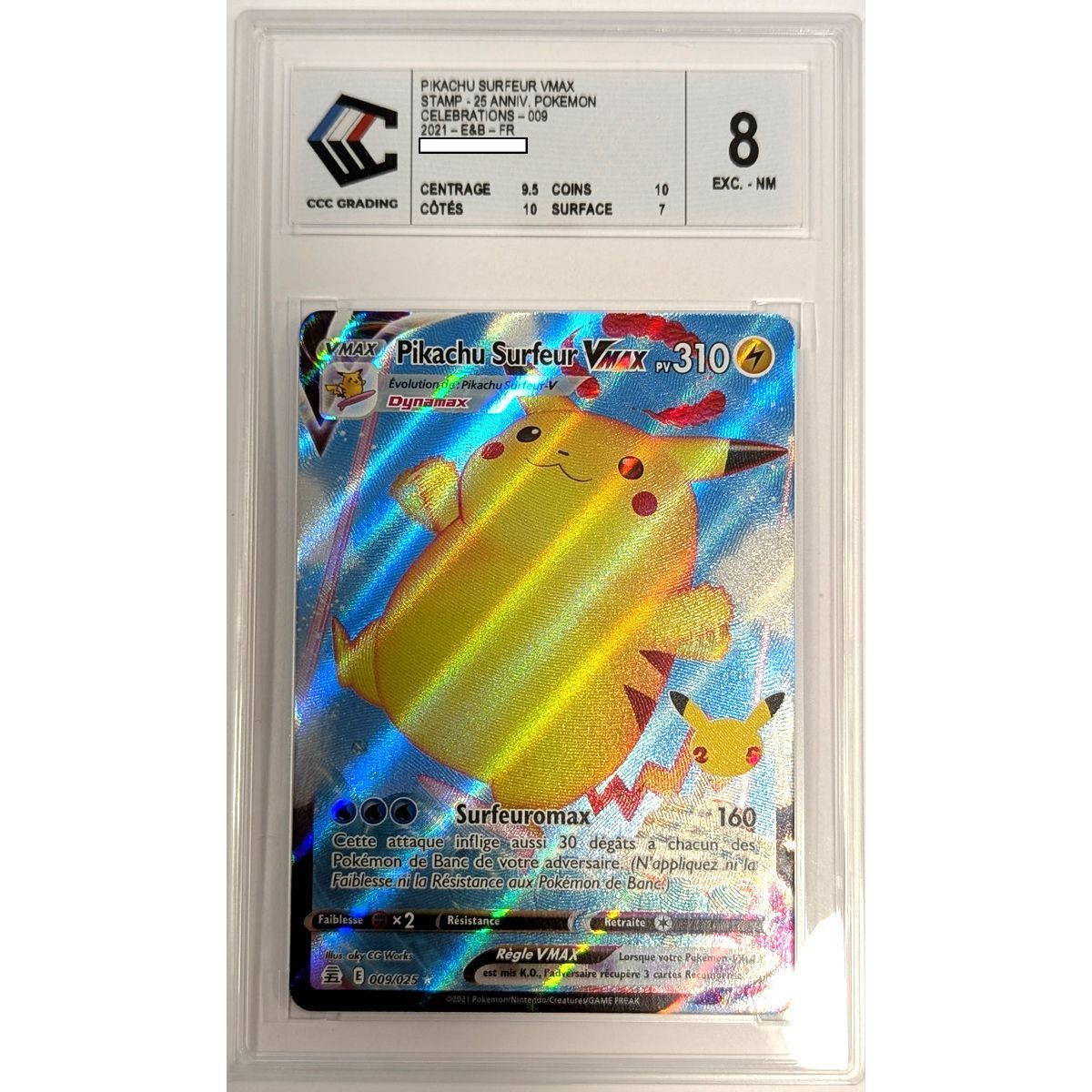 [CCC 8 - Exc - NM] - Graded Card - Surfer Pikachu VMAX 009/025 - Sword & Shield: Celebrations - 2021 - Pokémon - French