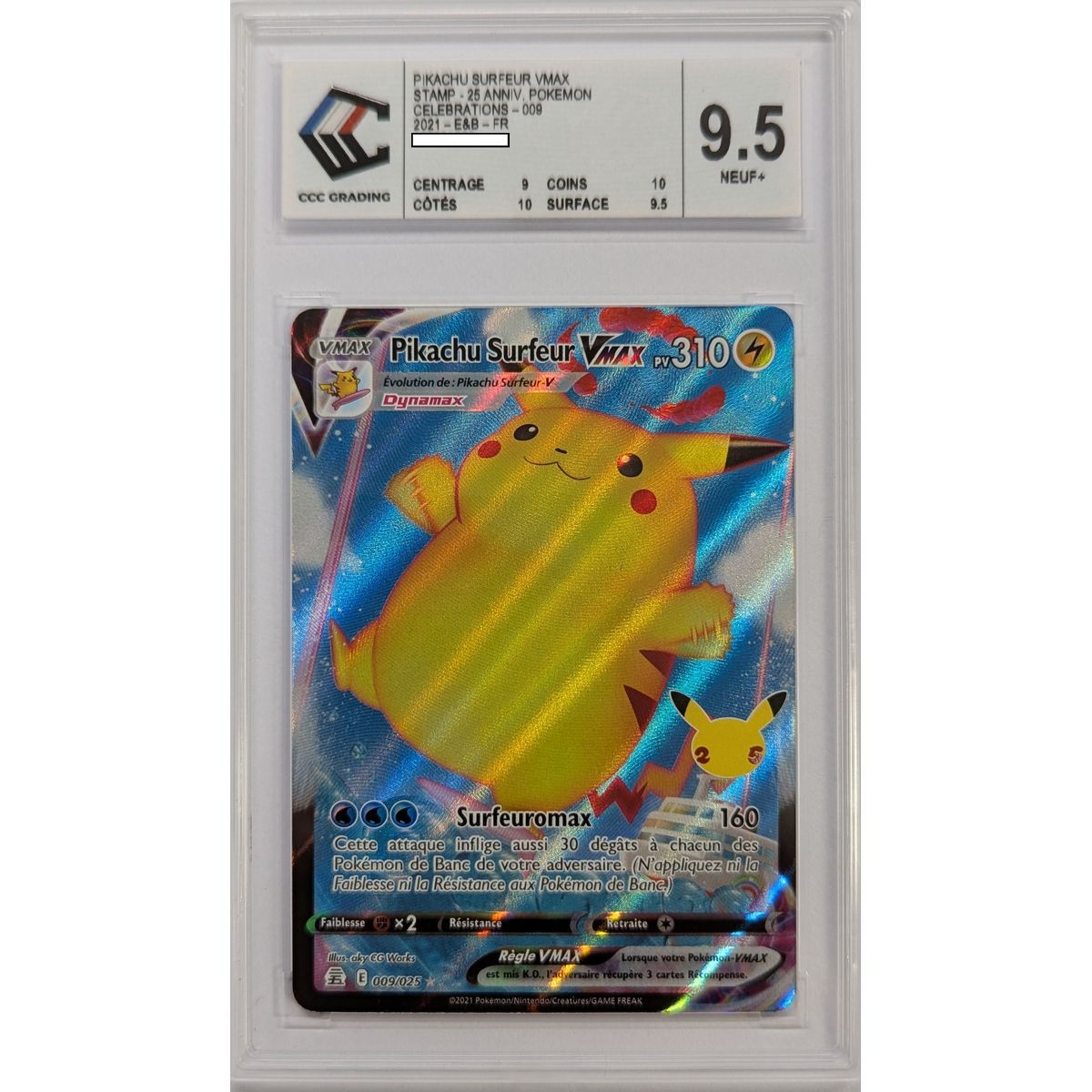[CCC 9.5 - Mint+] - Graded Card - Surfer Pikachu VMAX 009/025 - Sword & Shield: Celebrations - 2021 - Pokémon - French