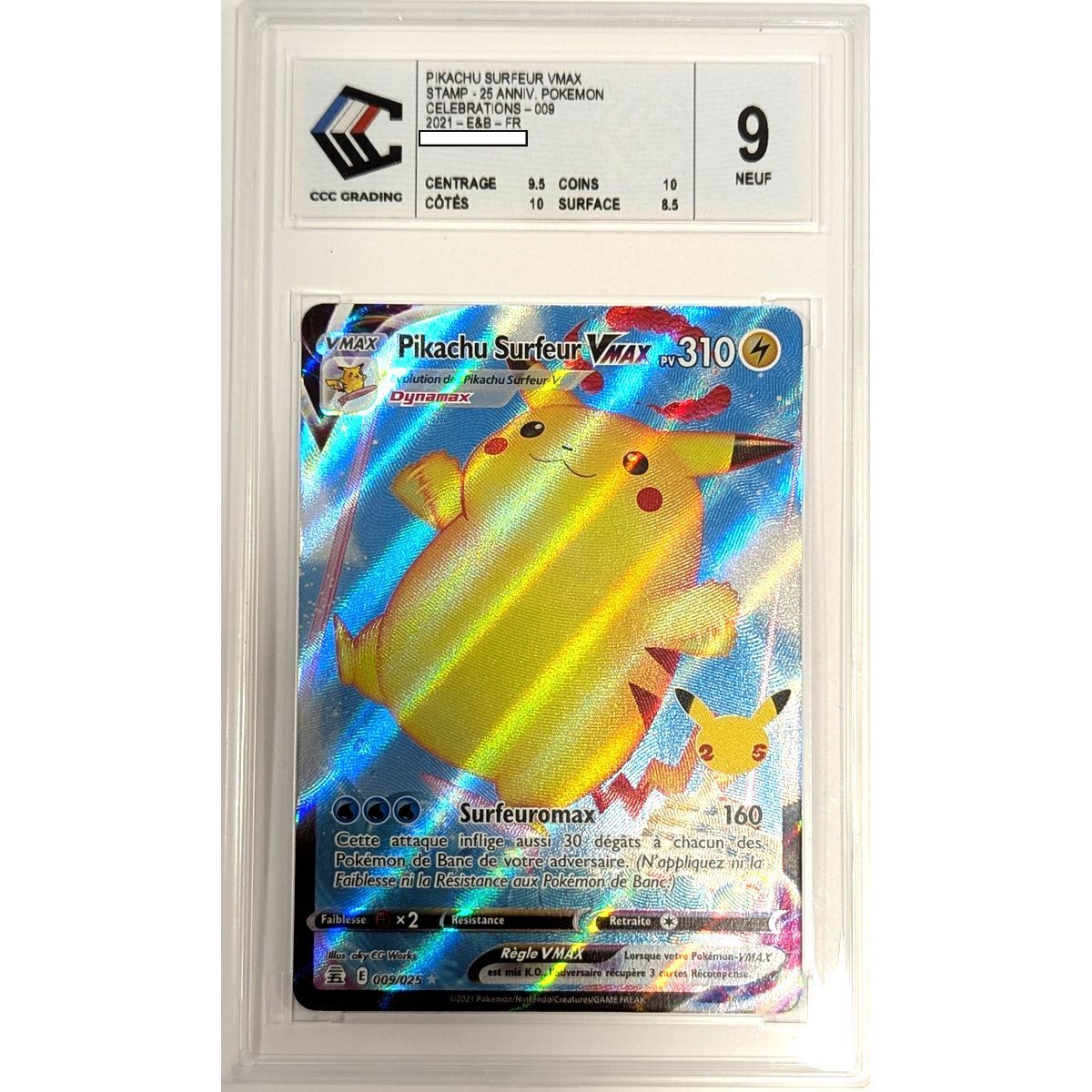 [CCC 9 - New] - Graded Card - Surfer Pikachu VMAX 009/025 - Sword & Shield: Celebrations - 2021 - Pokémon - French