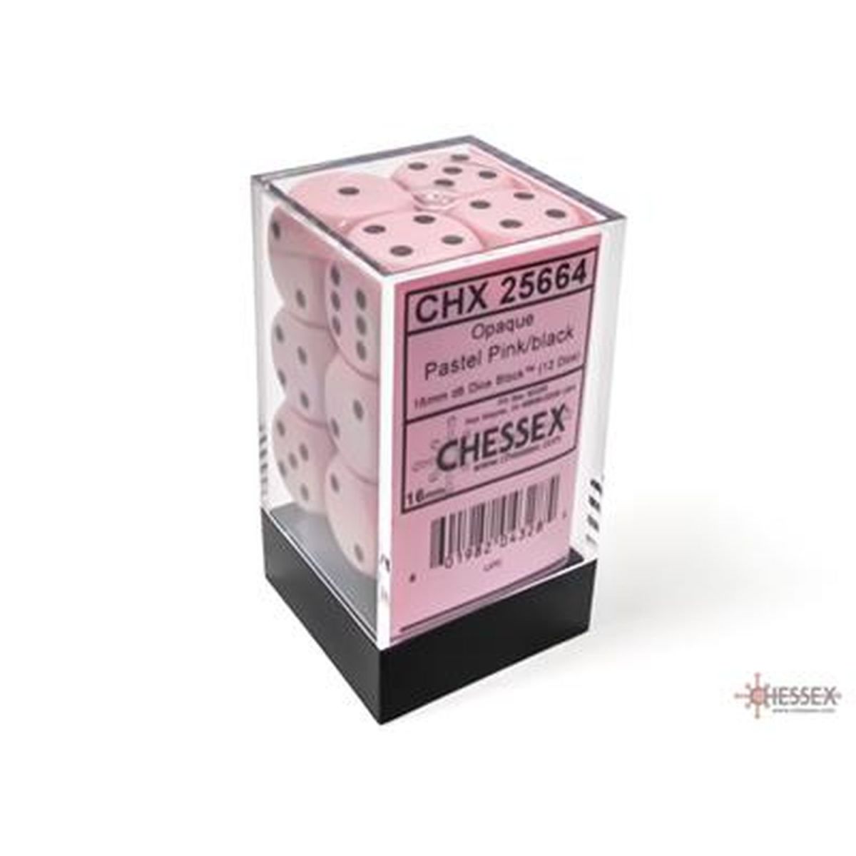 Chessex - Dice -Pastel Pastel Pink/black - Set of 12 Dice of 6 - 16mm