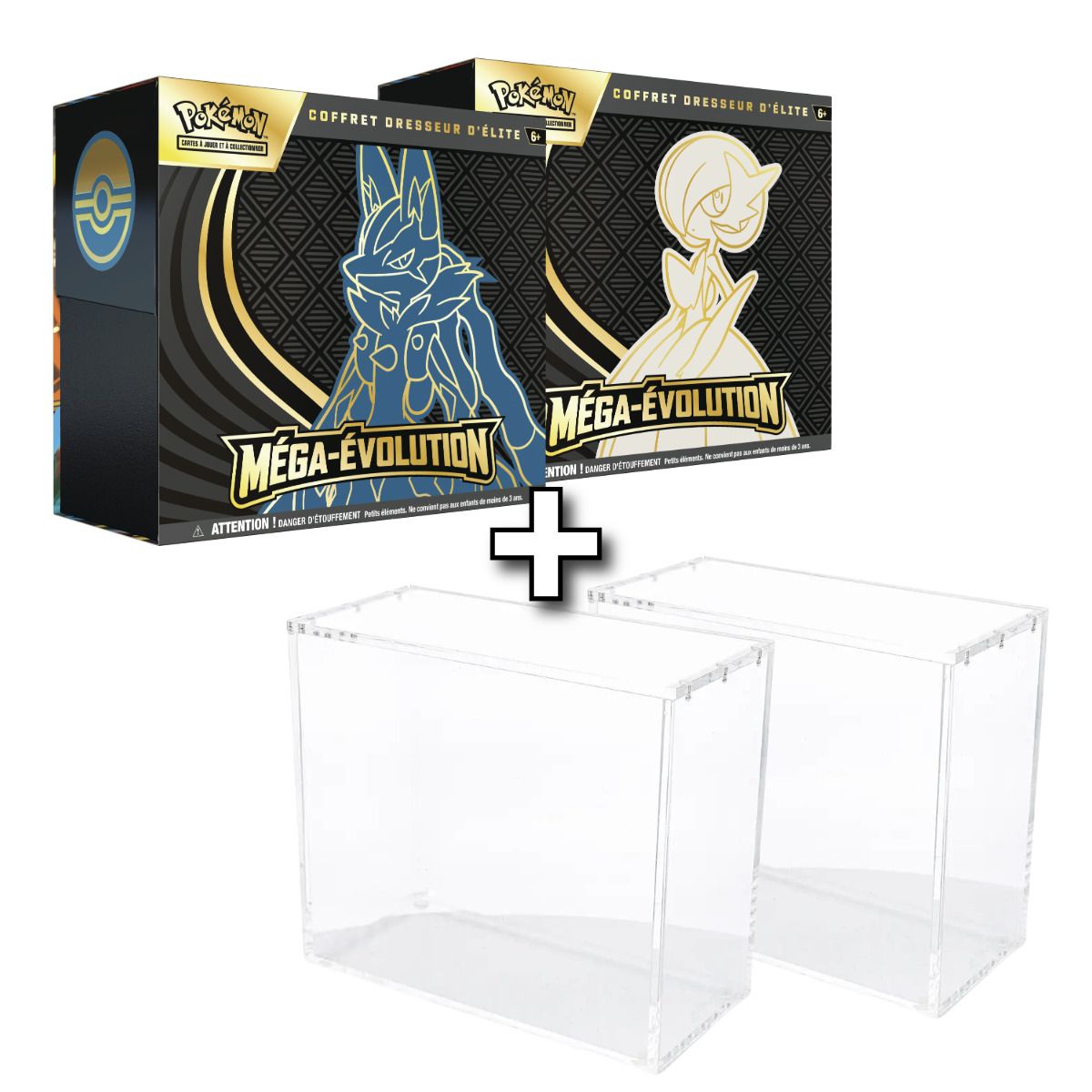 2-Pack Mega Evolution: 2 ETB (Mega Gardevoir + Mega Lucario) [ME01] + 2 Phoenix Shield Plexiglass Display Cases