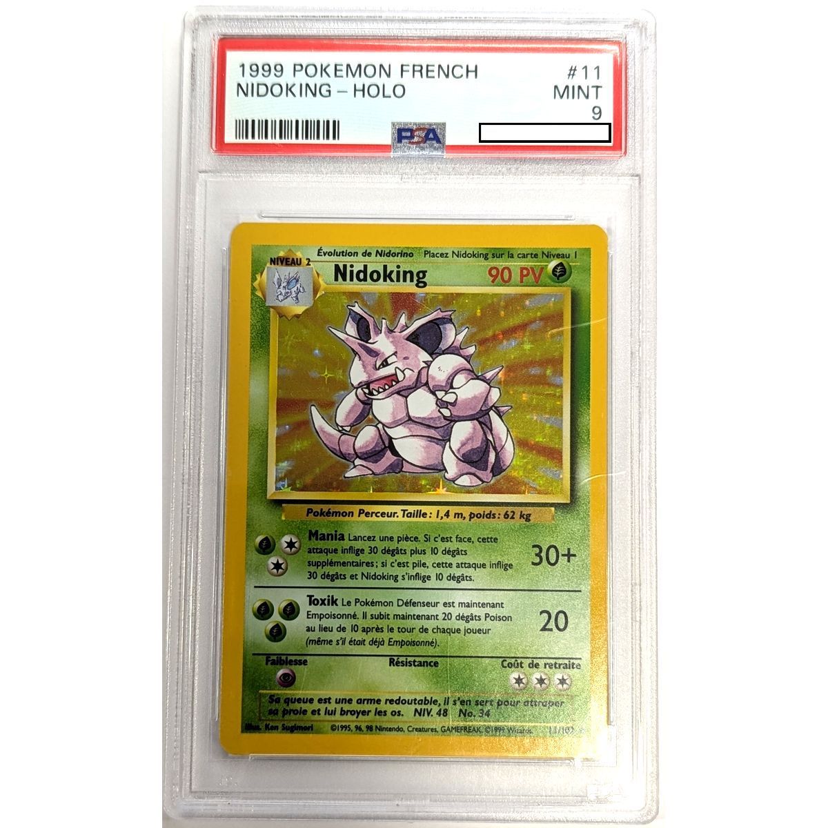 [PSA 9 - Mint] - Graded Card - Nidoking 11/102 - Unlimited - Base Set - 1999 - Pokémon - French